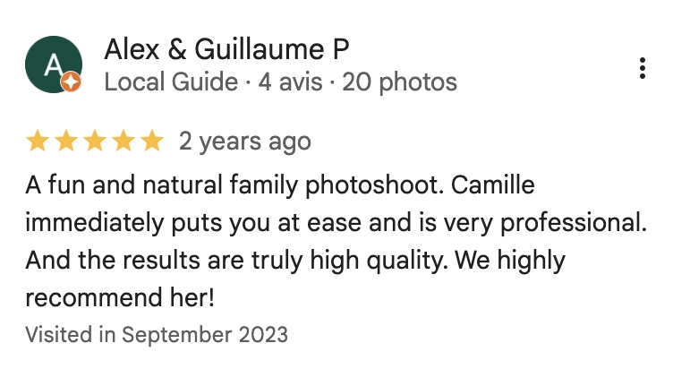 A fun and natural family photoshoot. Camille immediately puts you at ease and is very professional. And the results are truly high quality. We highly recommend her!